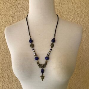 Mystical Necklace Leather, Beads Stones and Charms Moon/Sun/Arrow‎